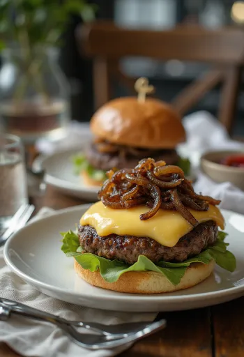 Prantsuse burger Camemberti juustu ja karamelliseeritud sibulaga