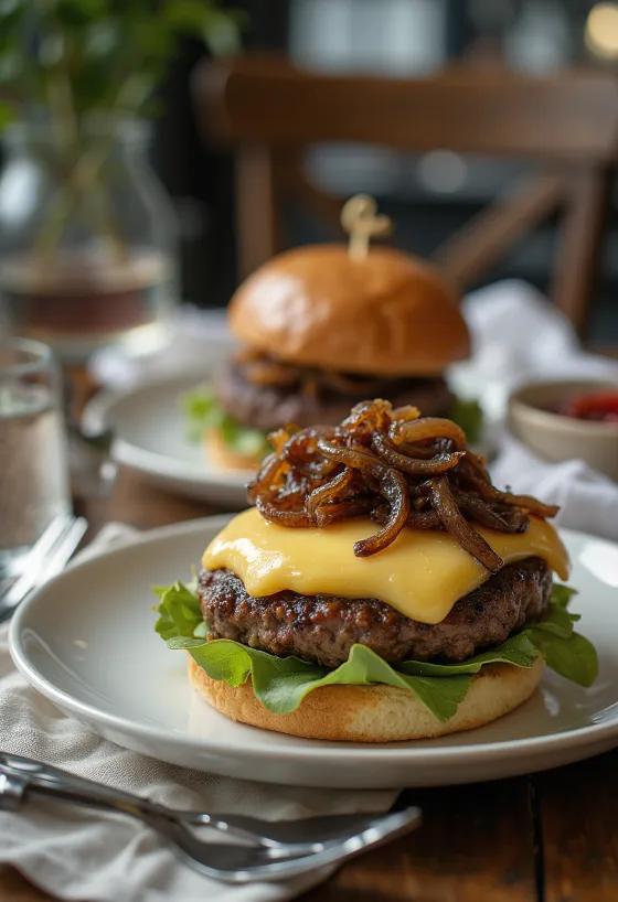 Prantsuse burger Camemberti juustu ja karamelliseeritud sibulaga