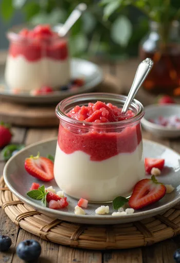 Puuviljapüreega panna cotta serveerituna