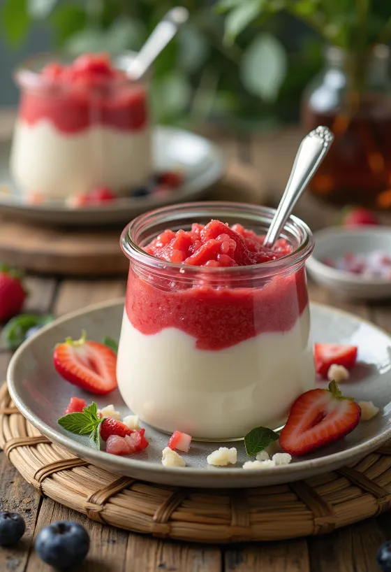 Puuviljapüreega panna cotta serveerituna