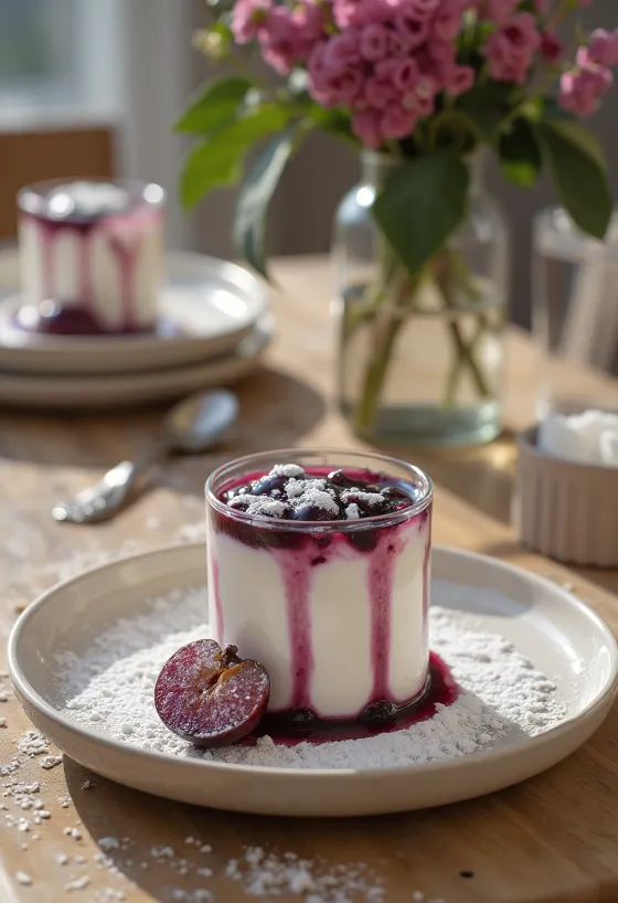 Lumise ploomiga panna cotta serveerituna