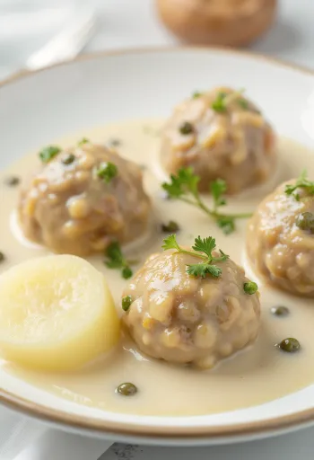 Königsbergi klopsid Saksa lihapallid kaperikastmes serveerituna