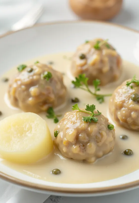Königsbergi klopsid Saksa lihapallid kaperikastmes serveerituna