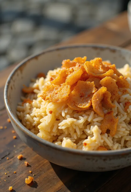 Praetud küüslauguga vürtsikas riis serveerituna